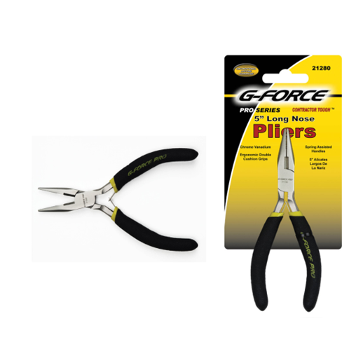 Image of G FORCE 5 in. Mini Long Nose Pliers Ergo Grip featuring black cushioned ergonomic grips. The packaging emphasizes chrome vanadium construction for corrosion resistance and spring-assisted action for one-handed use.